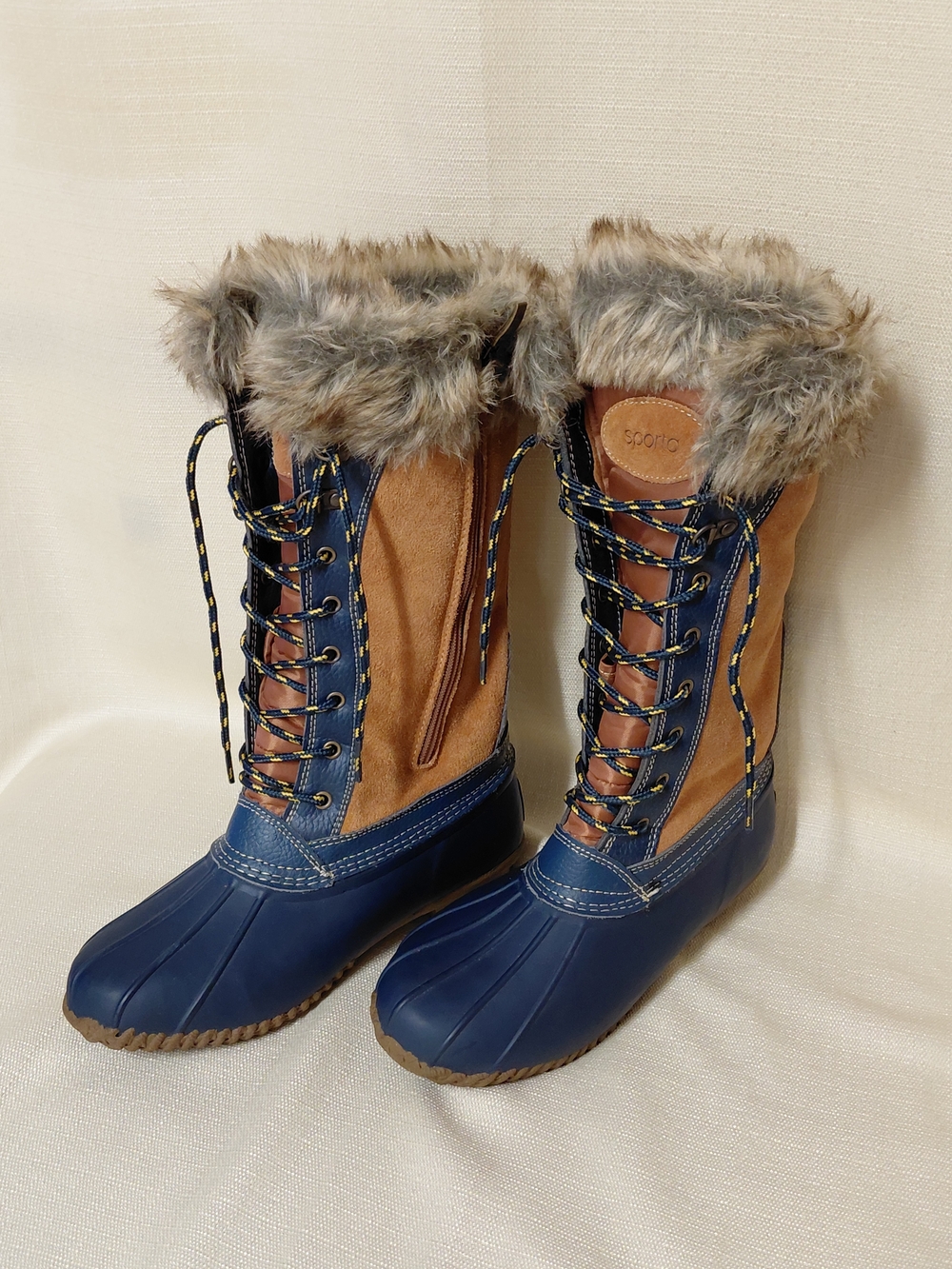 Sporto *Natasha* Navy & Tan Leather/Suede Lace-Up Duck Boots Womens Size 7